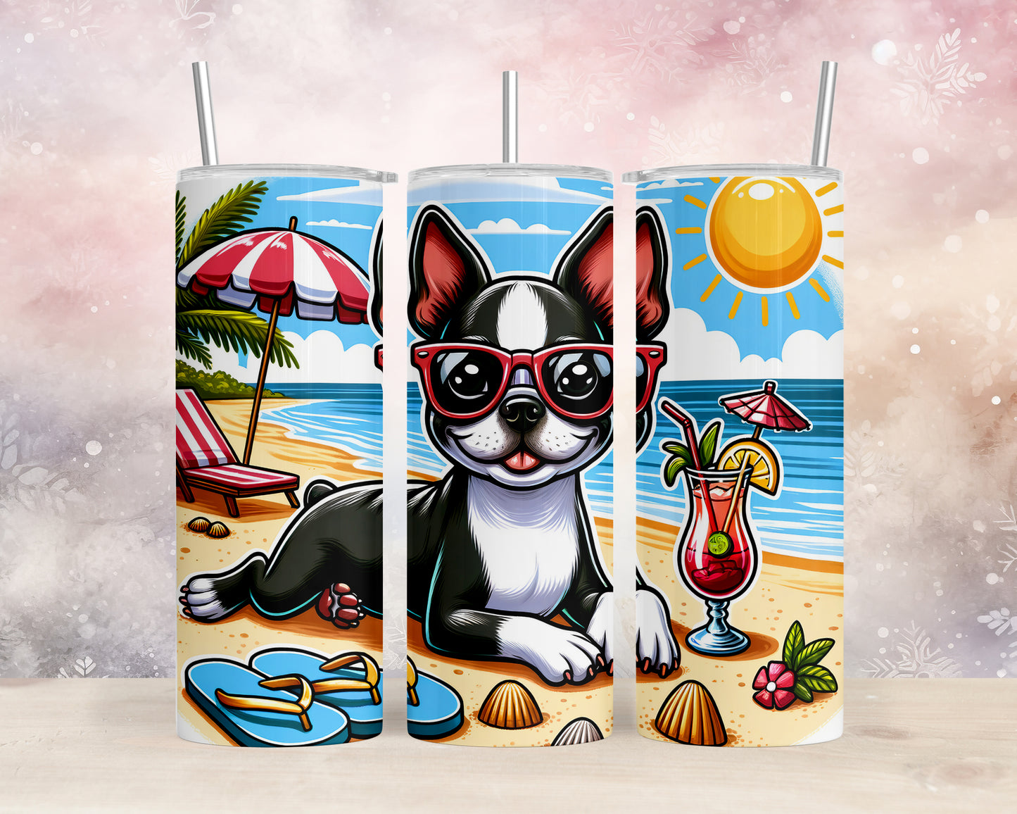 Skinny Tumbler with Straw, 20oz, Dog on Beach, BostonTerrier, awd-1103