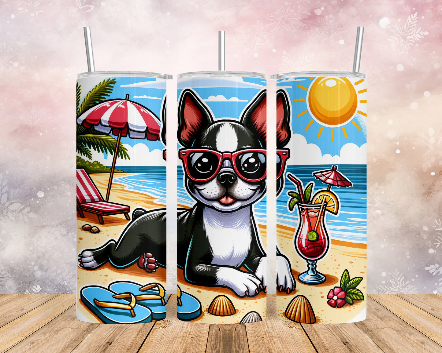 Skinny Tumbler with Straw, 20oz, Dog on Beach, BostonTerrier, awd-1103