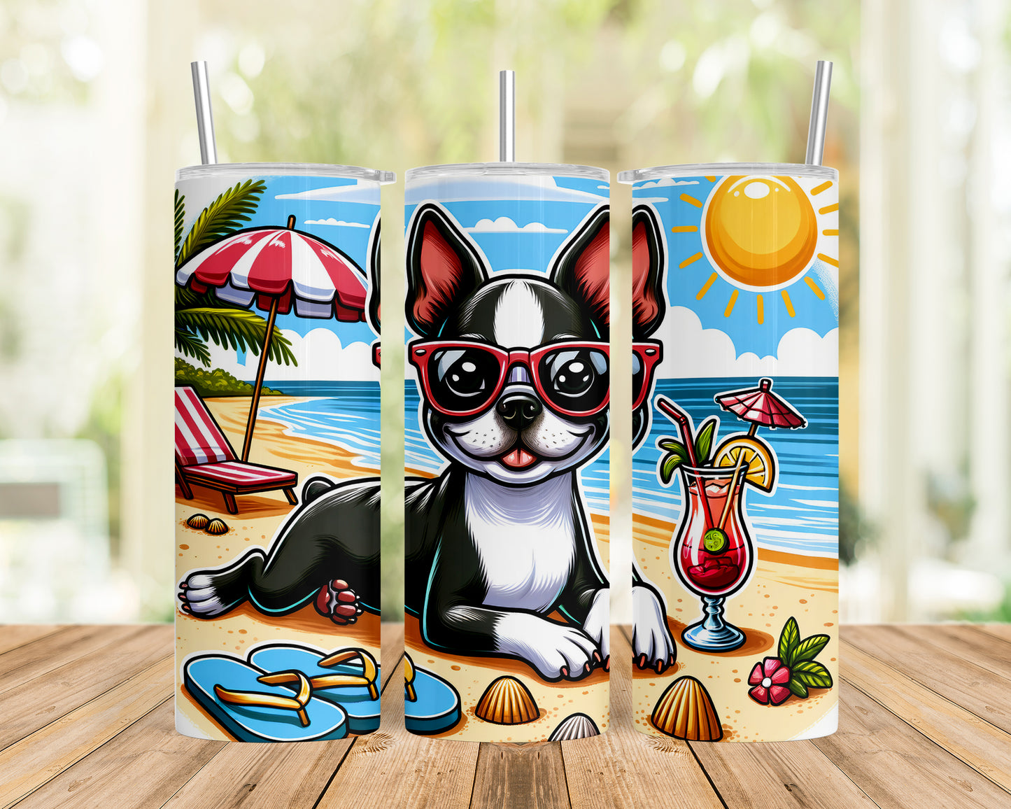 Skinny Tumbler with Straw, 20oz, Dog on Beach, BostonTerrier, awd-1103