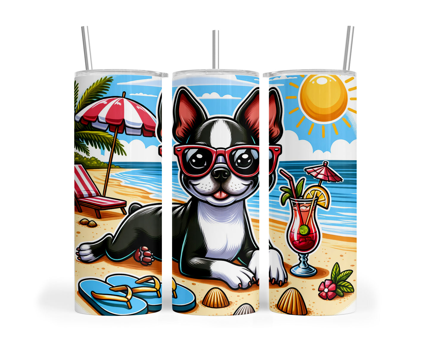 Skinny Tumbler with Straw, 20oz, Dog on Beach, BostonTerrier, awd-1103