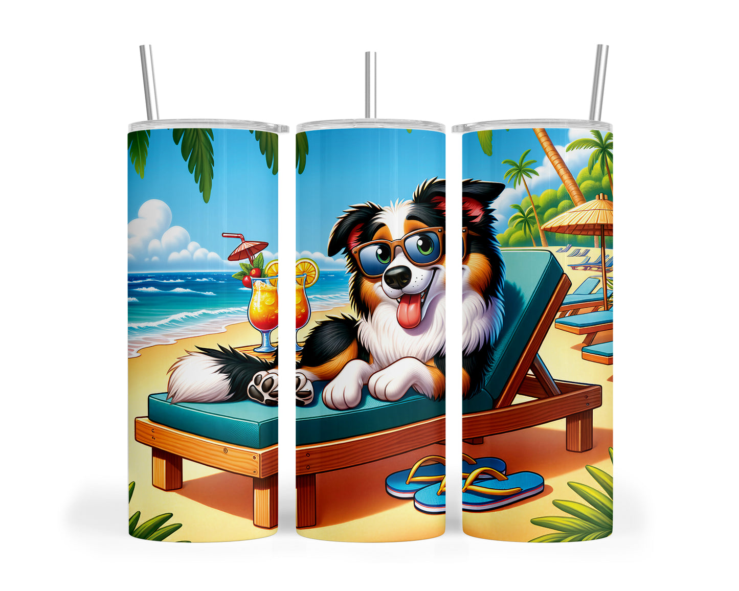 Skinny Tumbler with Straw, 20oz, Dog on Beach, Border Collie, awd-1105