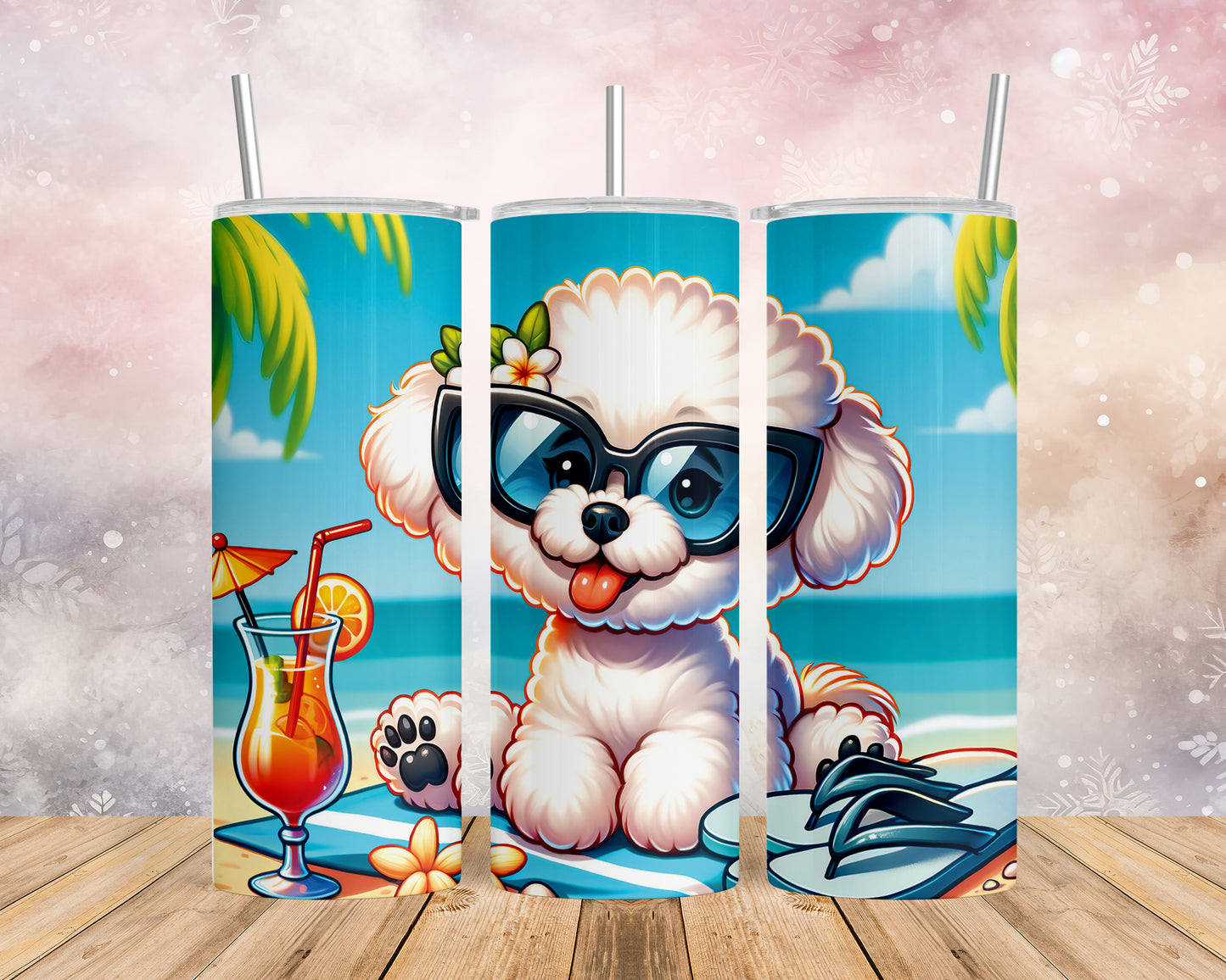 Skinny Tumbler with Straw, 20oz, Dog on Beach, Bichon Frise, awd-1107