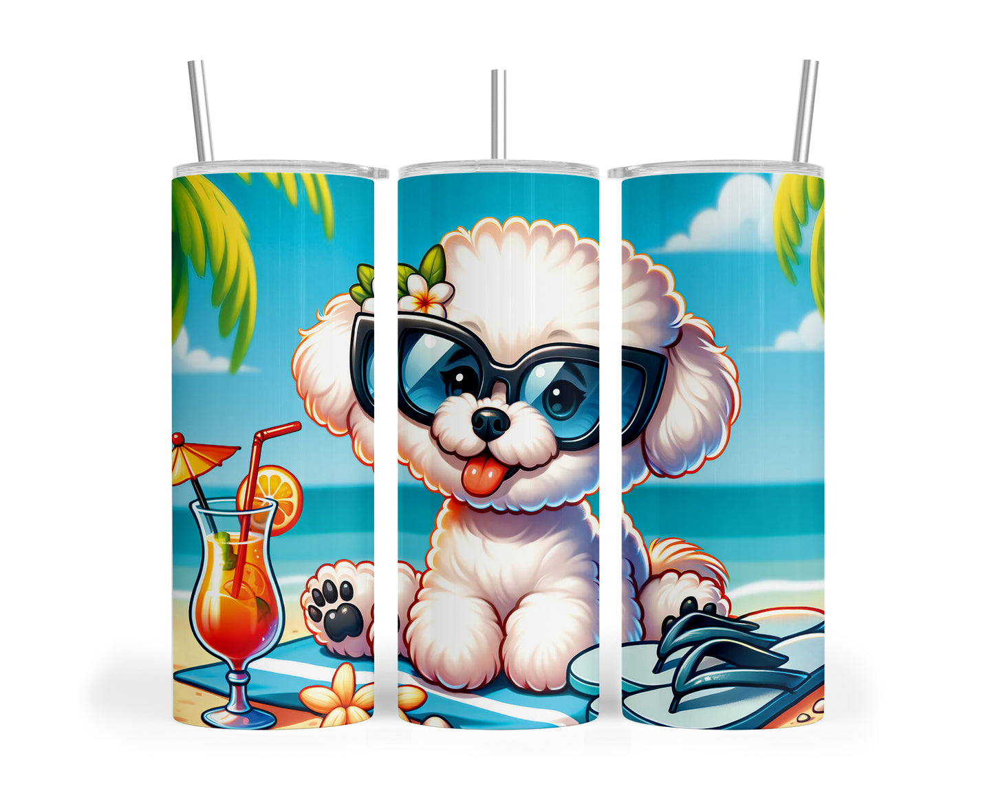 Skinny Tumbler with Straw, 20oz, Dog on Beach, Bichon Frise, awd-1107