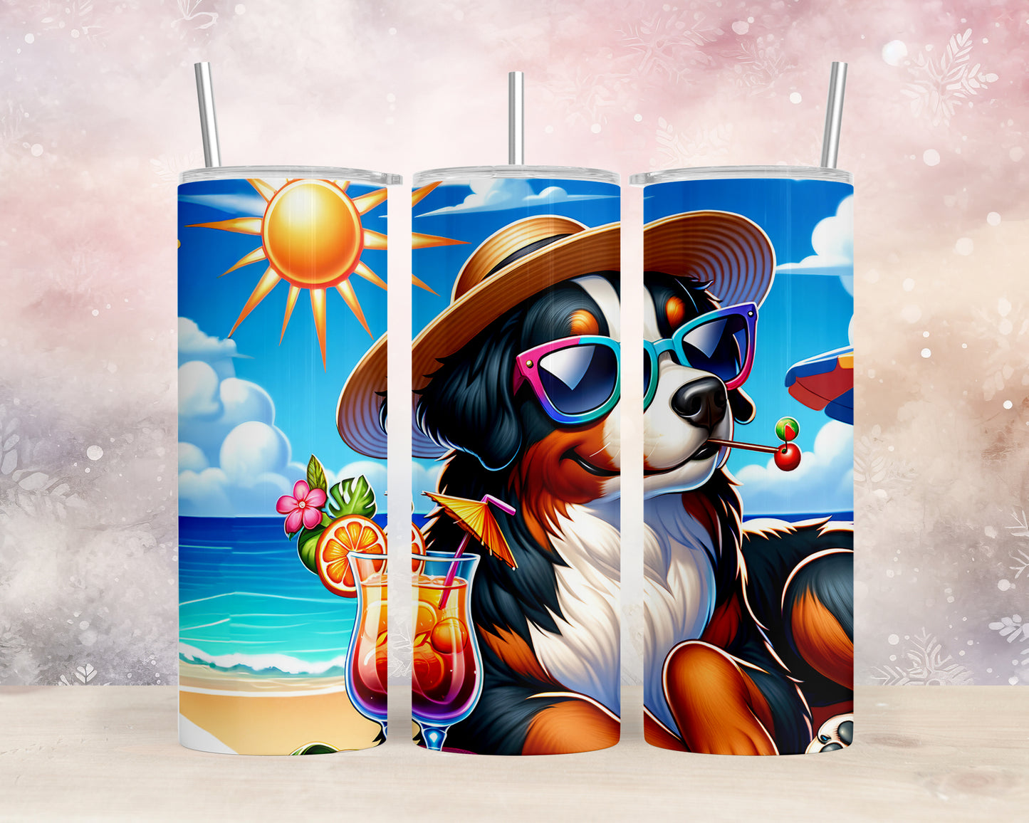 Skinny Tumbler with Straw, 20oz, Dog on Beach, Bernese Mountain, awd-1108