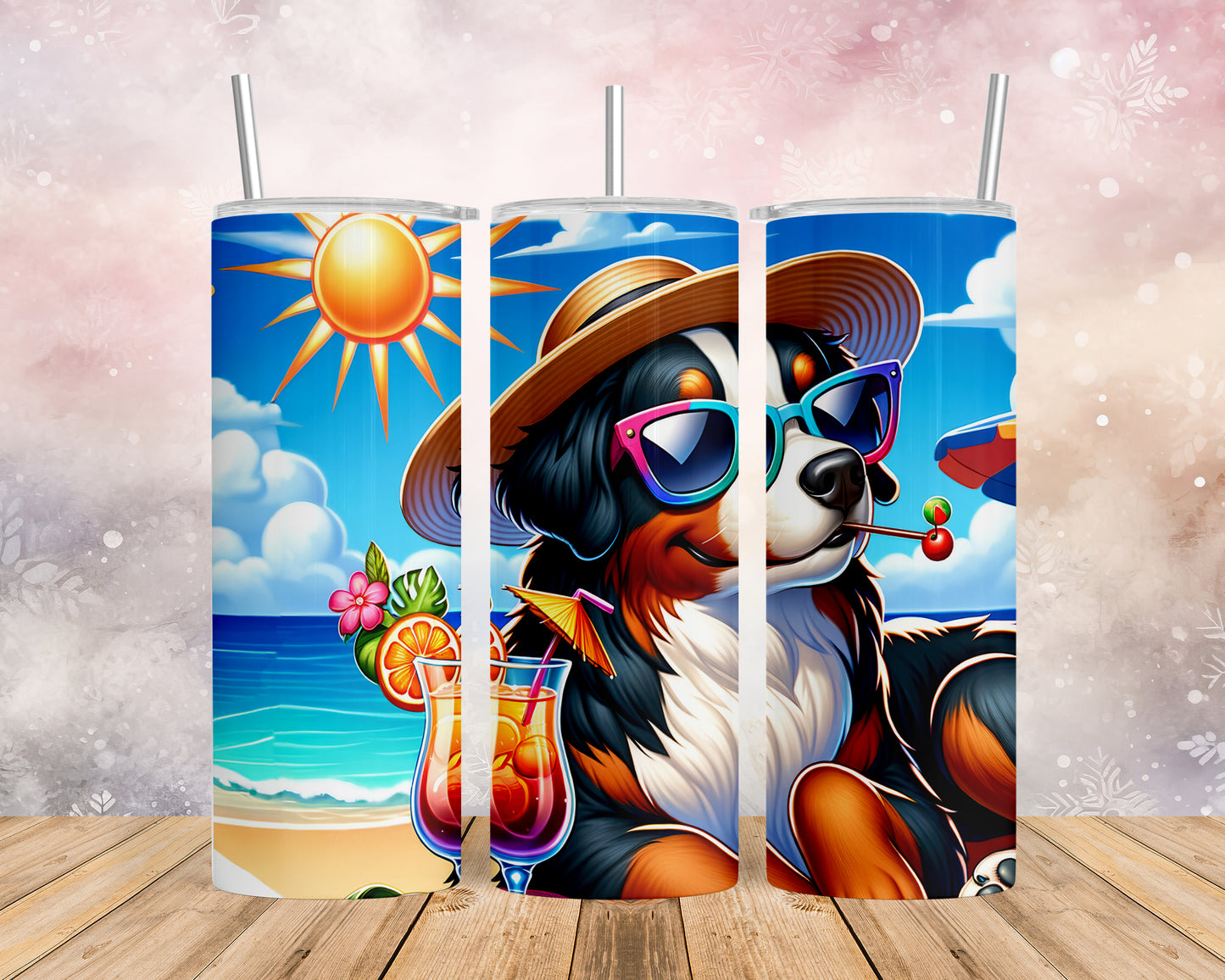 Skinny Tumbler with Straw, 20oz, Dog on Beach, Bernese Mountain, awd-1108