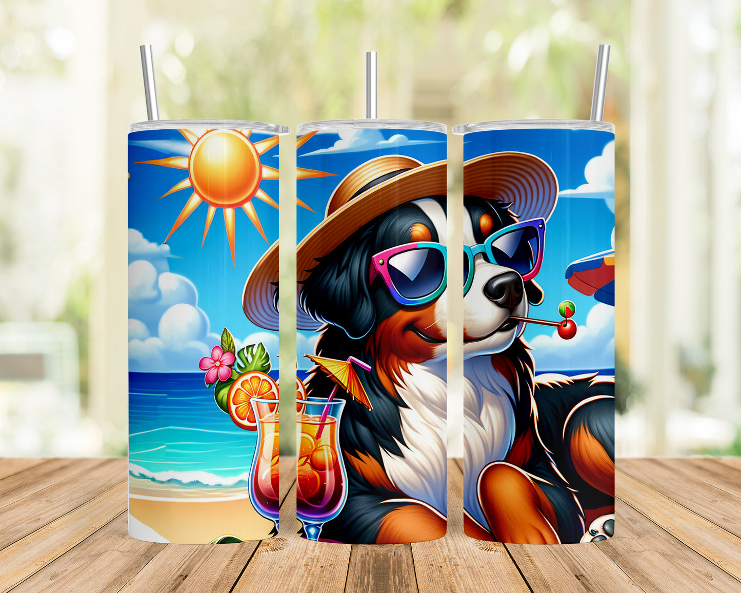 Skinny Tumbler with Straw, 20oz, Dog on Beach, Bernese Mountain, awd-1108