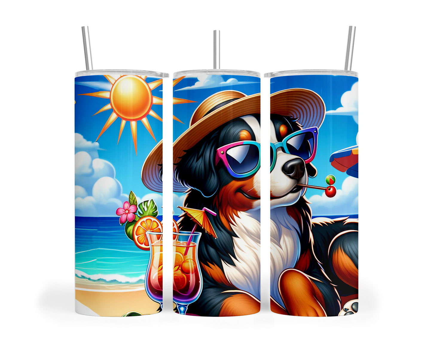 Skinny Tumbler with Straw, 20oz, Dog on Beach, Bernese Mountain, awd-1108