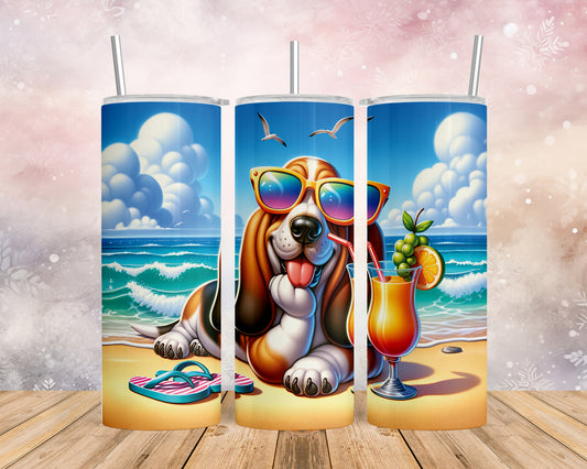 Skinny Tumbler with Straw, 20oz, Dog on Beach, Basset Hound, awd-1110