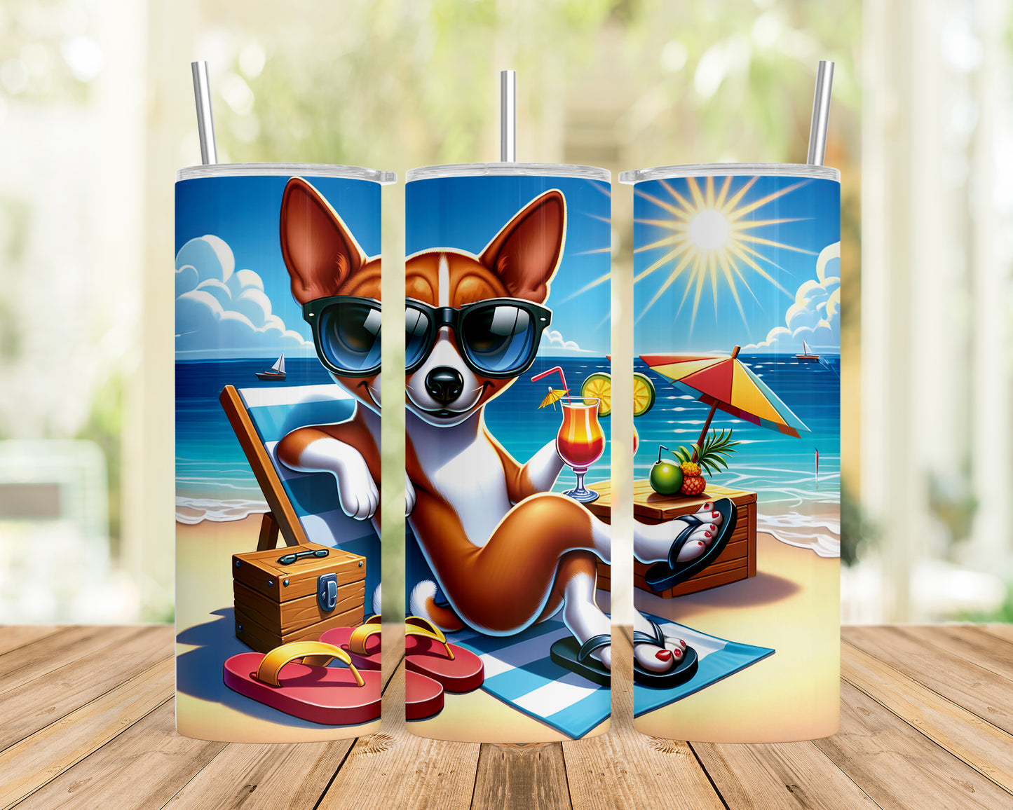 Skinny Tumbler with Straw, 20oz, Dog on Beach, Basenji, awd-1111