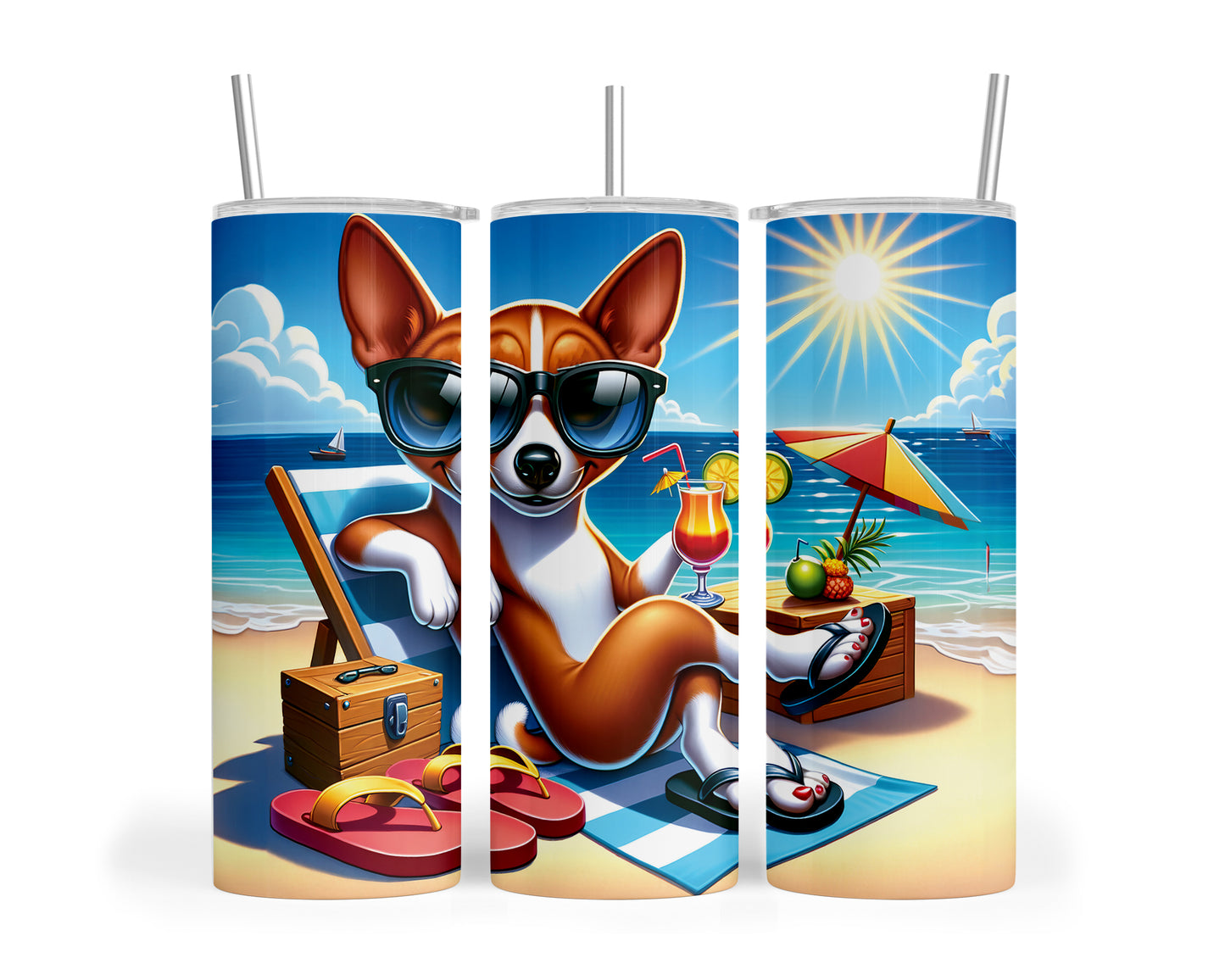 Skinny Tumbler with Straw, 20oz, Dog on Beach, Basenji, awd-1111