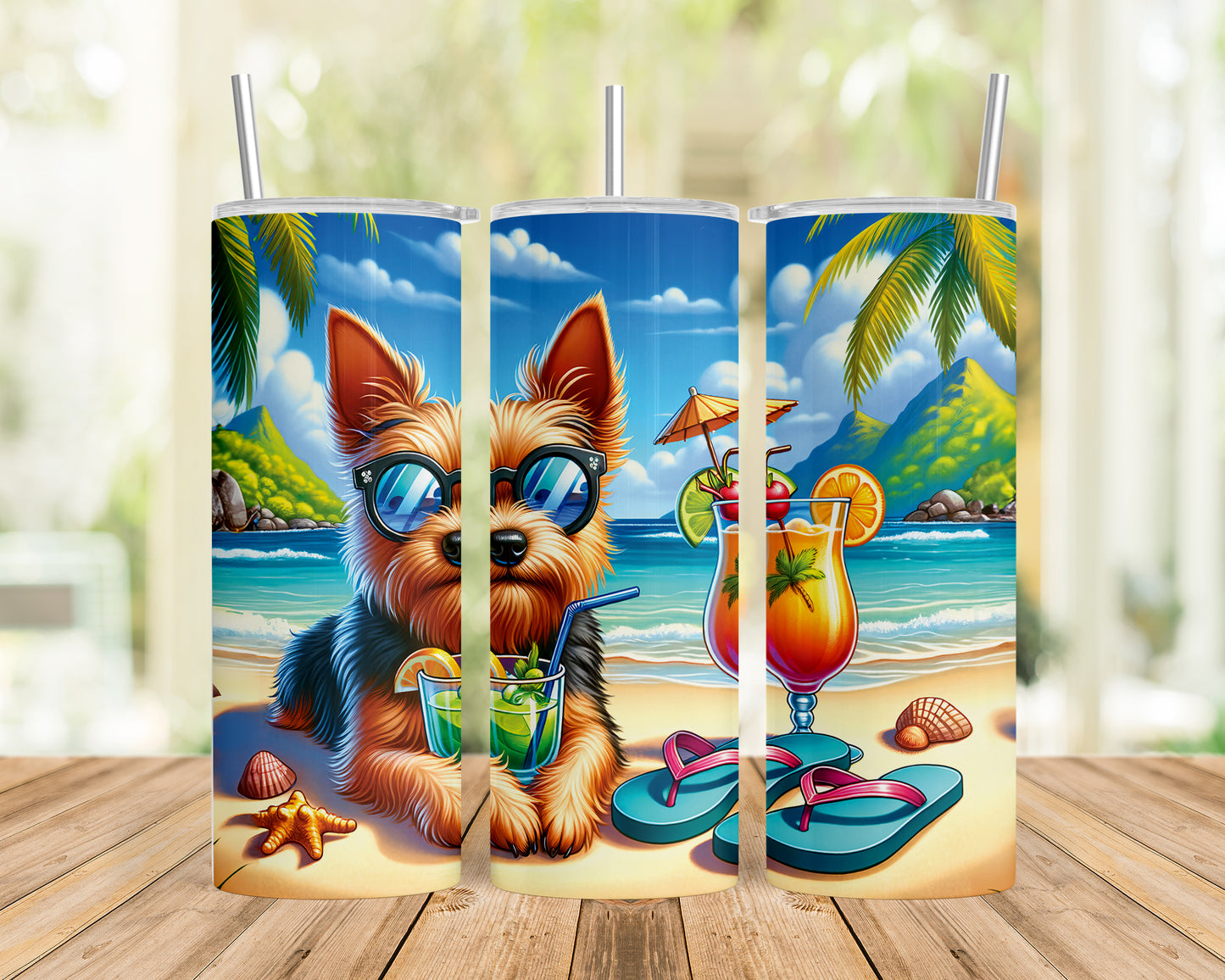 Skinny Tumbler with Straw, 20oz, Dog on Beach, Australian Terrier, awd-1112