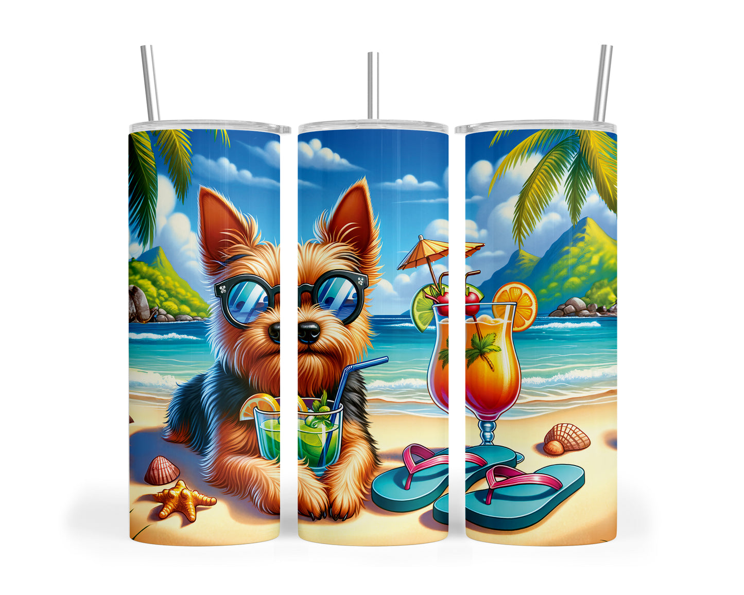 Skinny Tumbler with Straw, 20oz, Dog on Beach, Australian Terrier, awd-1112