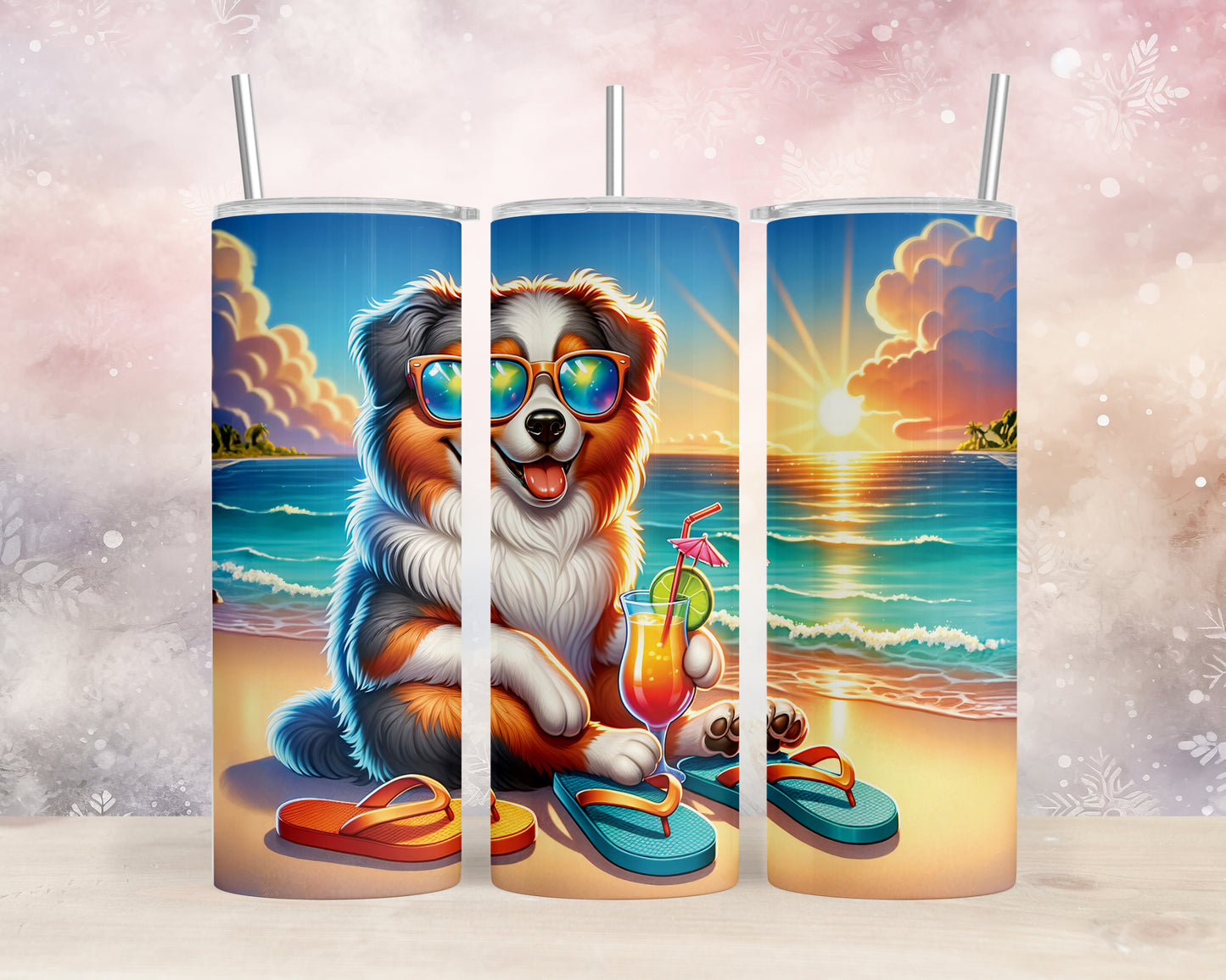 Skinny Tumbler with Straw, 20oz, Dog on Beach, Australian Shepherd, awd-1113