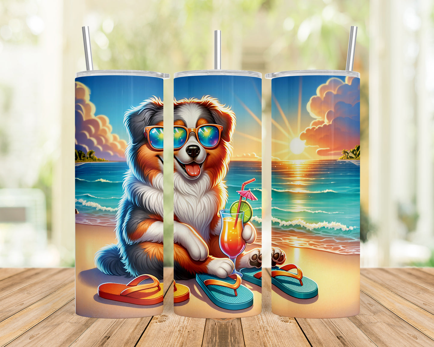 Skinny Tumbler with Straw, 20oz, Dog on Beach, Australian Shepherd, awd-1113