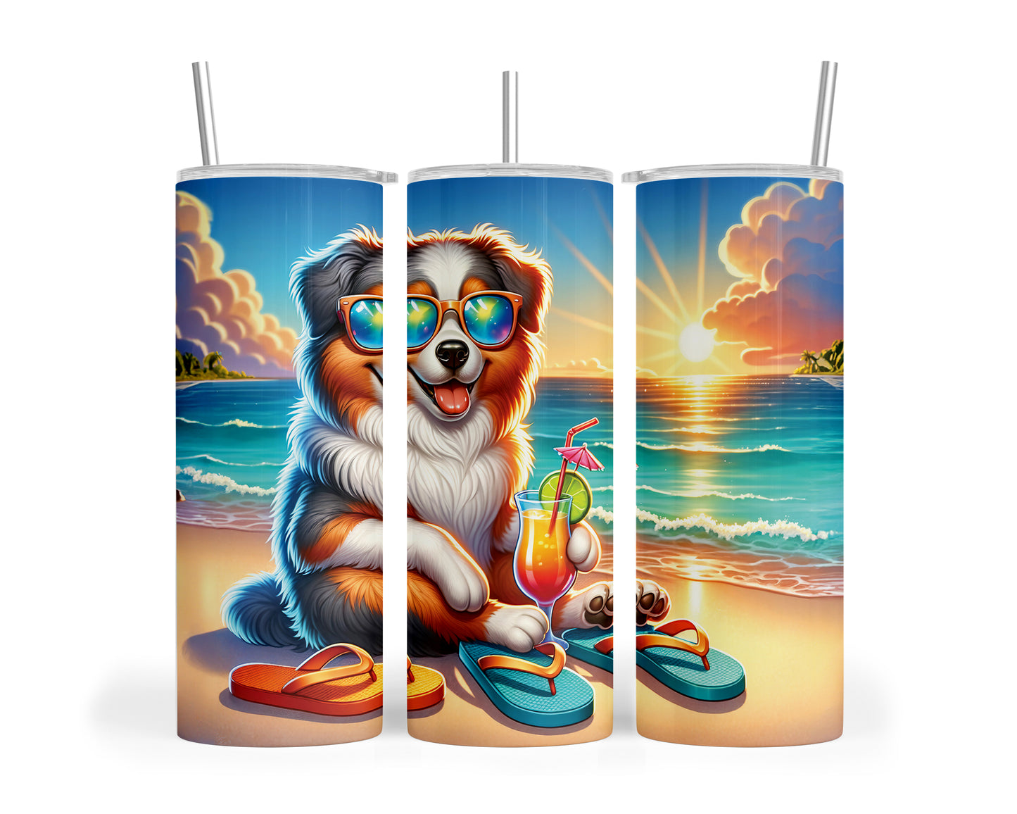 Skinny Tumbler with Straw, 20oz, Dog on Beach, Australian Shepherd, awd-1113