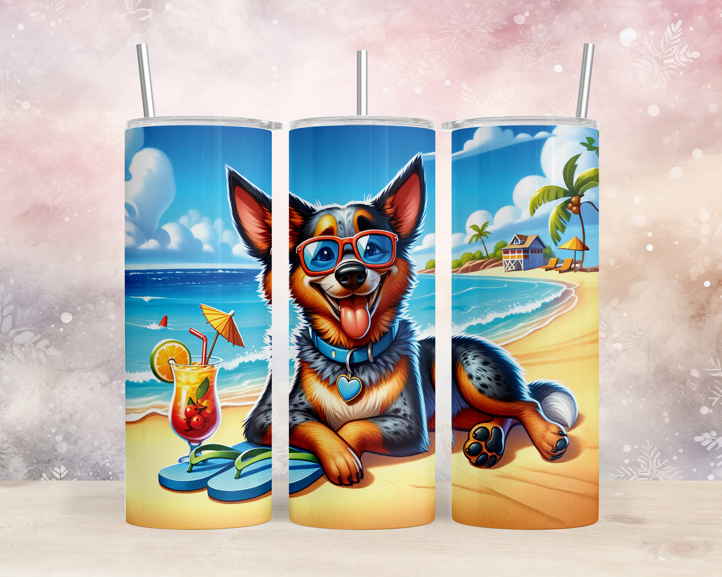 Skinny Tumbler with Straw, 20oz, Dog on Beach, Australian Cattle Dog, awd-1114