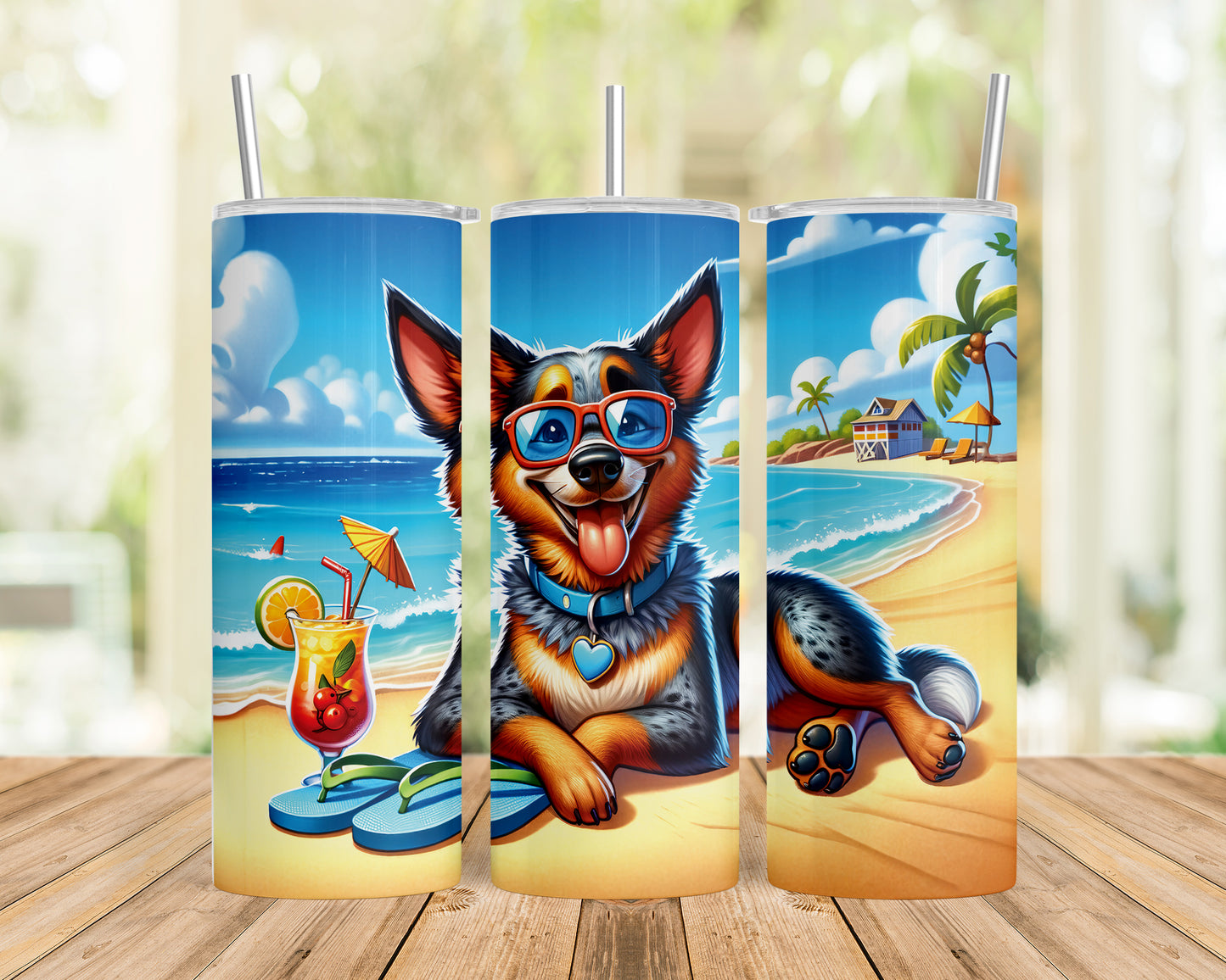 Skinny Tumbler with Straw, 20oz, Dog on Beach, Australian Cattle Dog, awd-1114