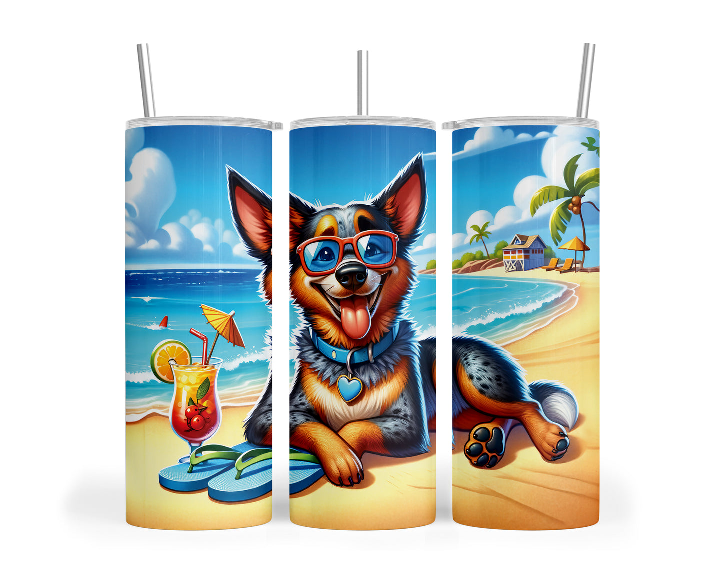 Skinny Tumbler with Straw, 20oz, Dog on Beach, Australian Cattle Dog, awd-1114