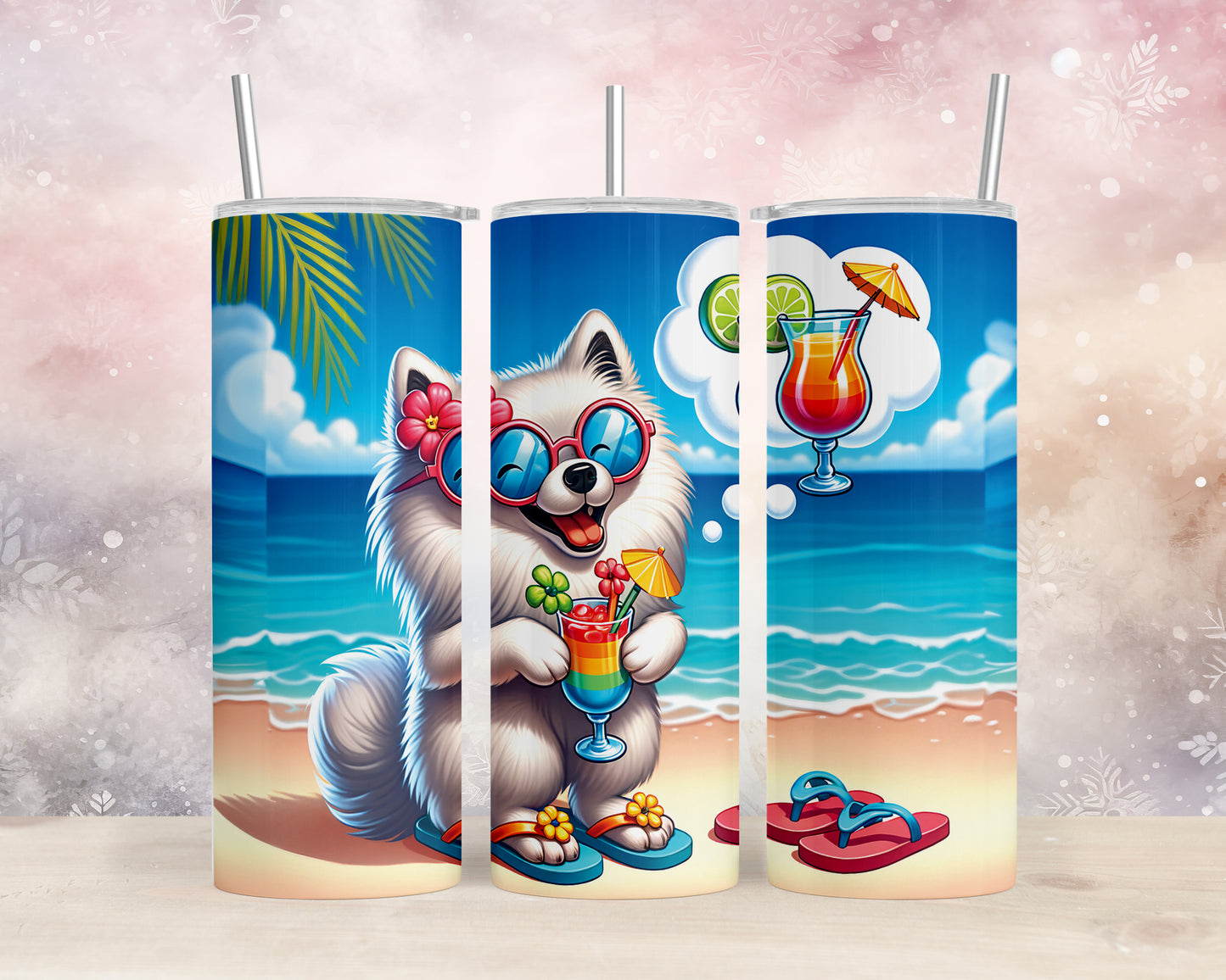 Skinny Tumbler with Straw, 20oz, Dog on Beach, American Eskimo, awd-1115