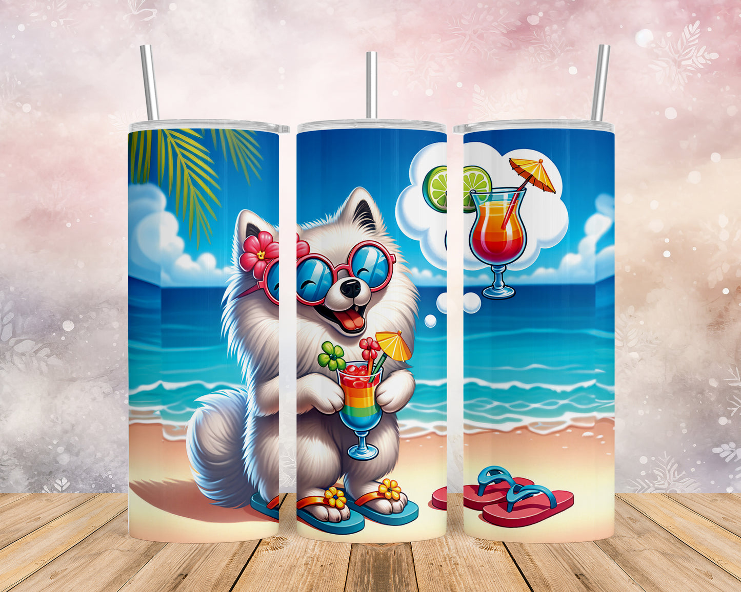 Skinny Tumbler with Straw, 20oz, Dog on Beach, American Eskimo, awd-1115