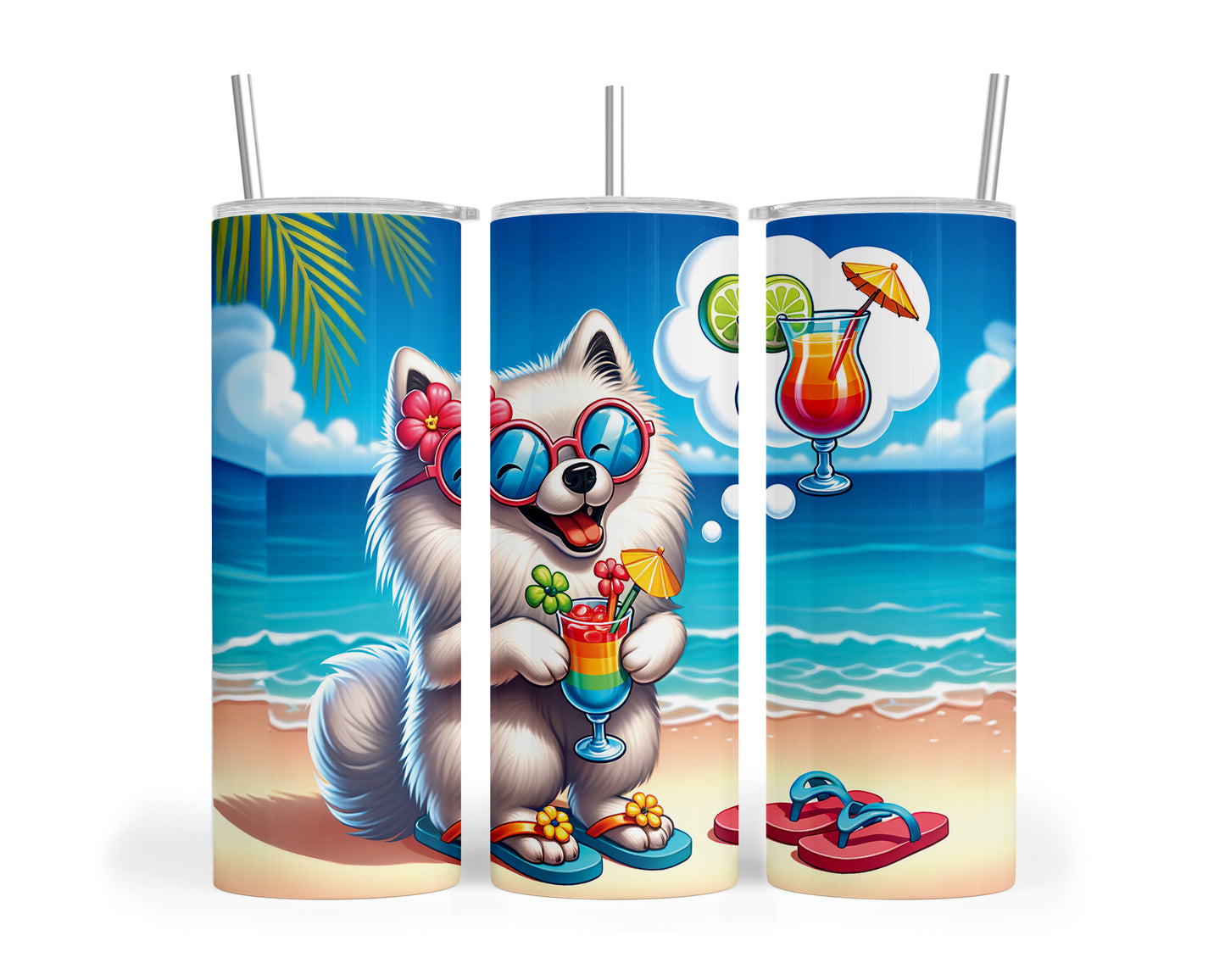 Skinny Tumbler with Straw, 20oz, Dog on Beach, American Eskimo, awd-1115