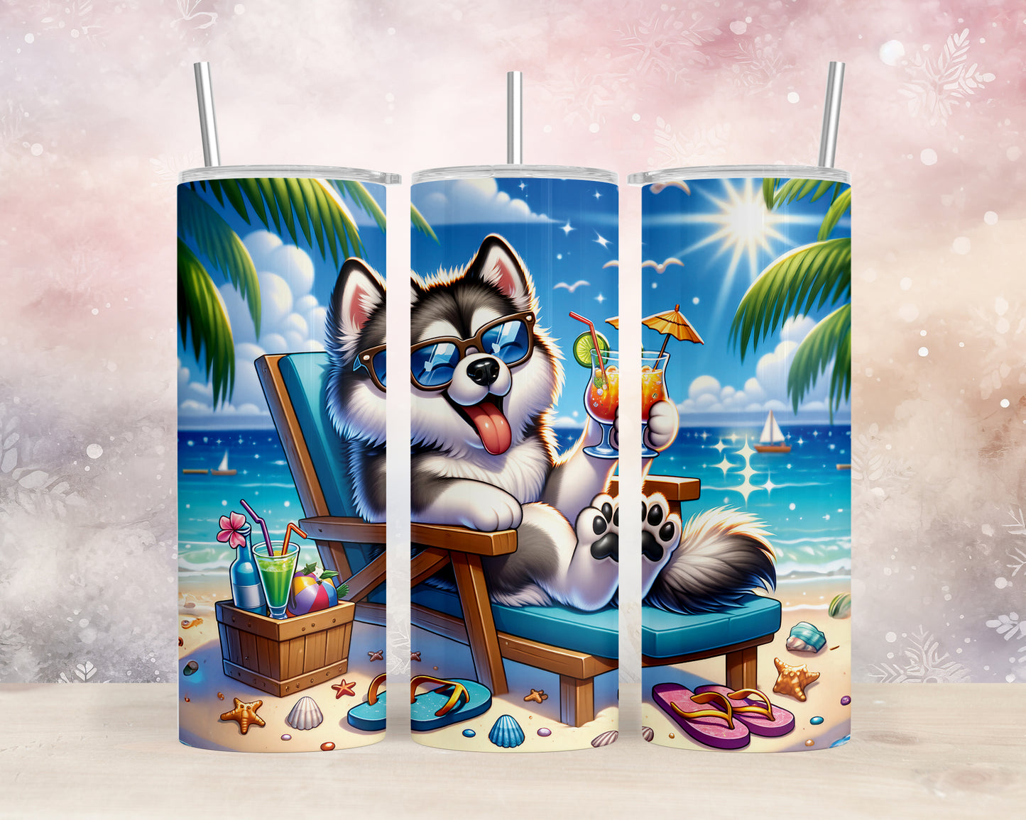 Skinny Tumbler with Straw, 20oz, Dog on Beach, Alaskan Malamute, awd-1116