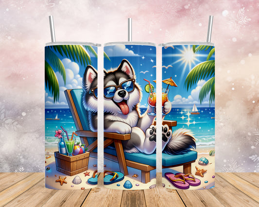 Skinny Tumbler with Straw, 20oz, Dog on Beach, Alaskan Malamute, awd-1116