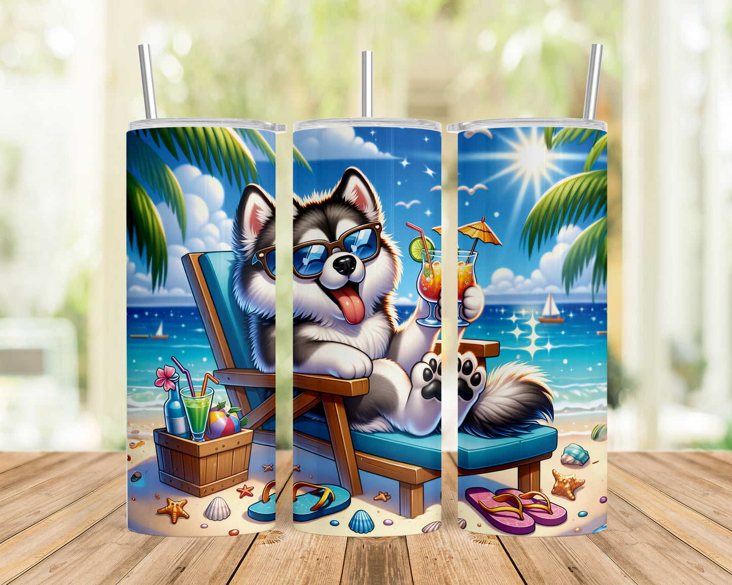 Skinny Tumbler with Straw, 20oz, Dog on Beach, Alaskan Malamute, awd-1116