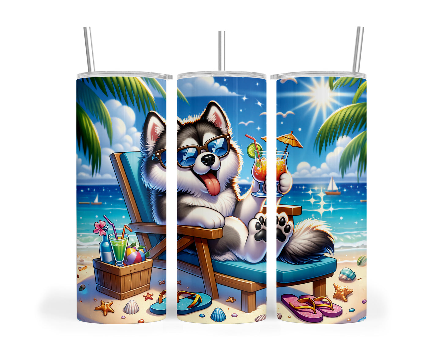 Skinny Tumbler with Straw, 20oz, Dog on Beach, Alaskan Malamute, awd-1116