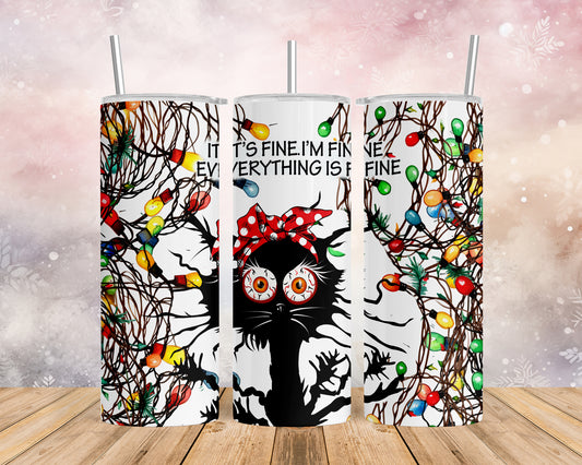 Skinny Tumbler with Straw, 20oz, Cat, I'm Fine Everything is Fine, awd-1164