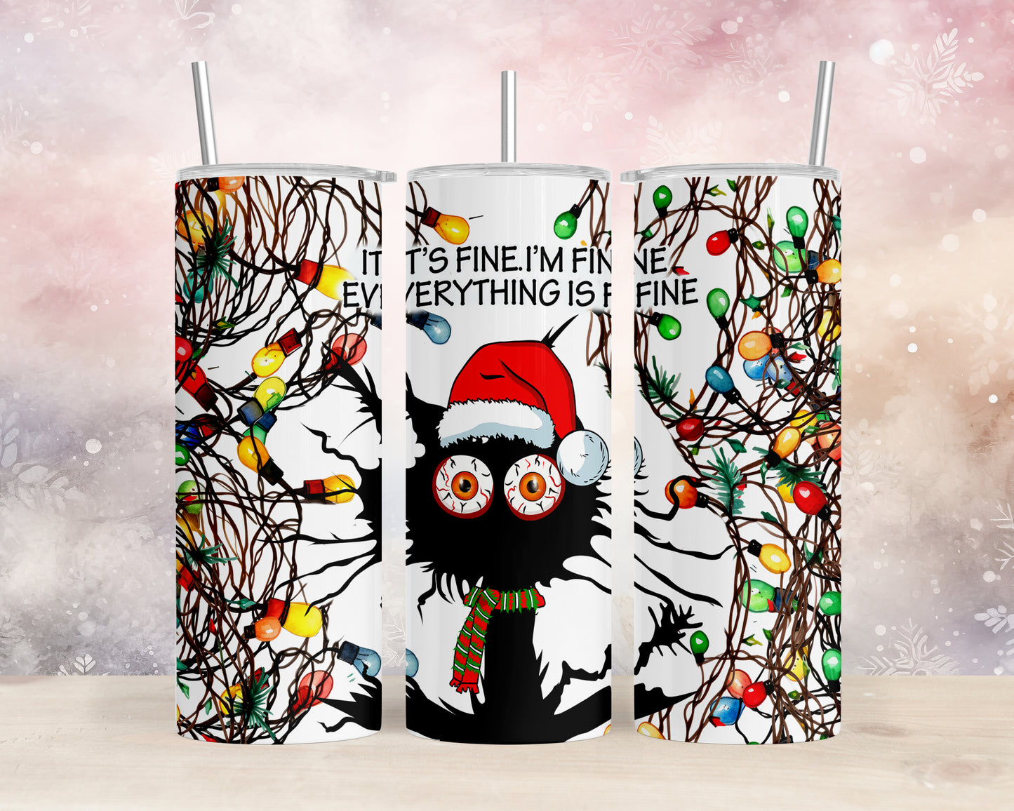 Skinny Tumbler with Straw, 20oz, Cat, I'm Fine Everything is Fine, awd-1165