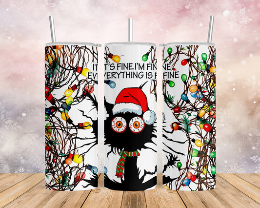 Skinny Tumbler with Straw, 20oz, Cat, I'm Fine Everything is Fine, awd-1165