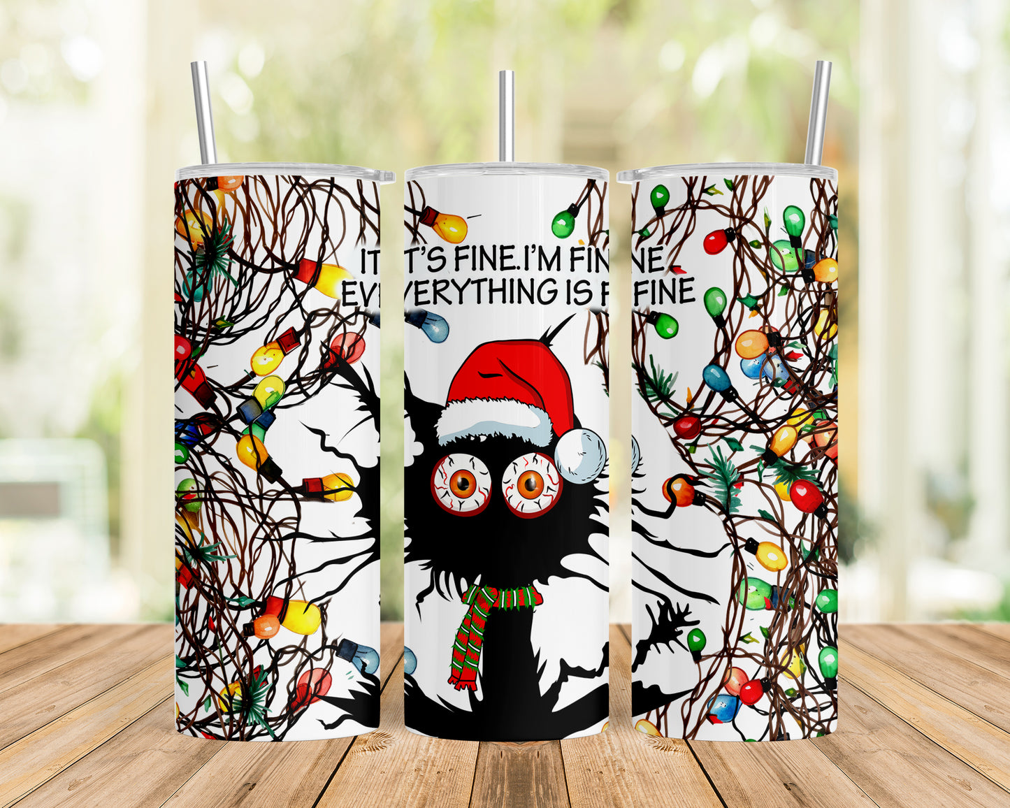 Skinny Tumbler with Straw, 20oz, Cat, I'm Fine Everything is Fine, awd-1165