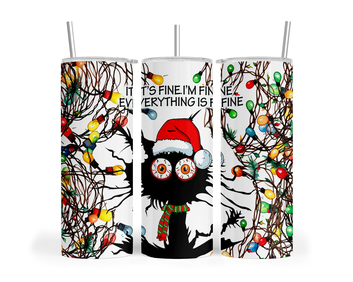 Skinny Tumbler with Straw, 20oz, Cat, I'm Fine Everything is Fine, awd-1165