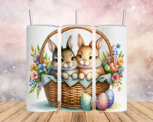 Skinny Tumbler with Straw, 20oz, Easter, Rabbit with Eggs, awd-1169