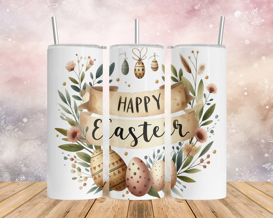 Skinny Tumbler with Straw, 20oz, Boho Easter, Happy Easter Eggs, awd-1173