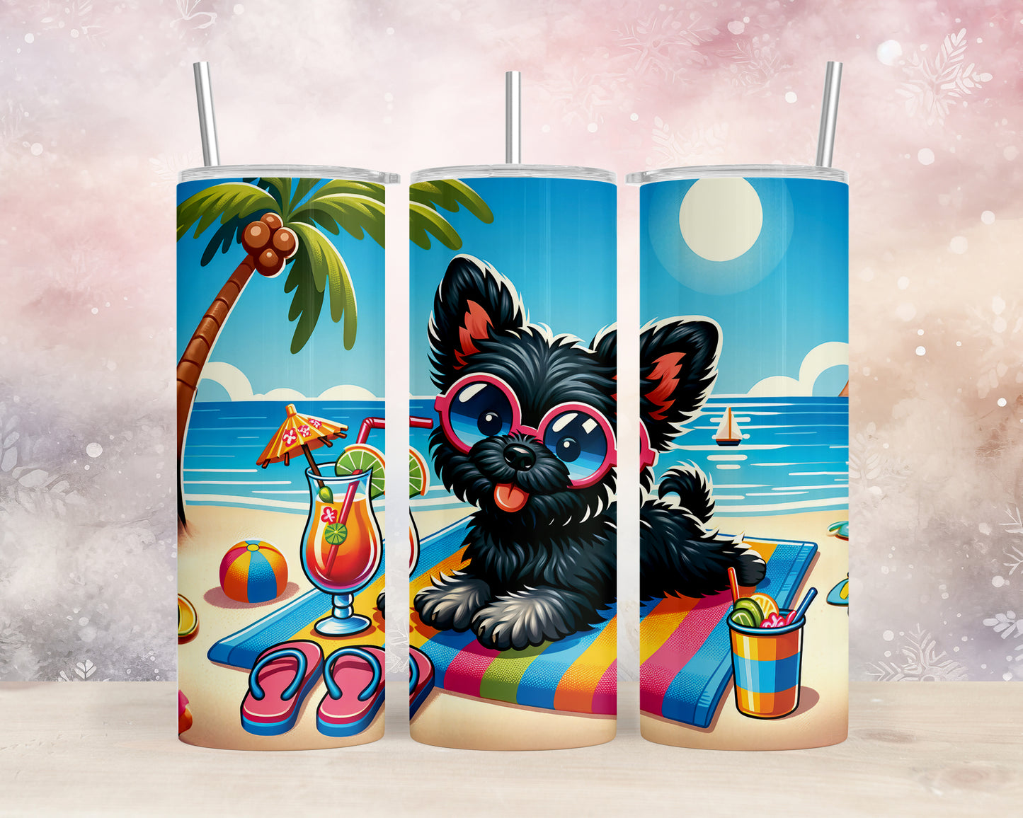 Skinny Tumbler with Straw, 20oz, Dog on Beach, Affenpinscher, awd-1174