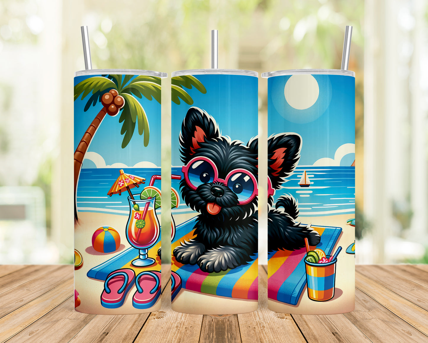 Skinny Tumbler with Straw, 20oz, Dog on Beach, Affenpinscher, awd-1174