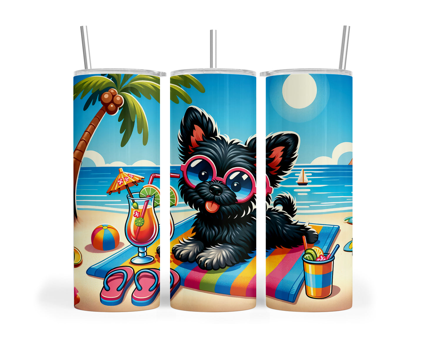 Skinny Tumbler with Straw, 20oz, Dog on Beach, Affenpinscher, awd-1174