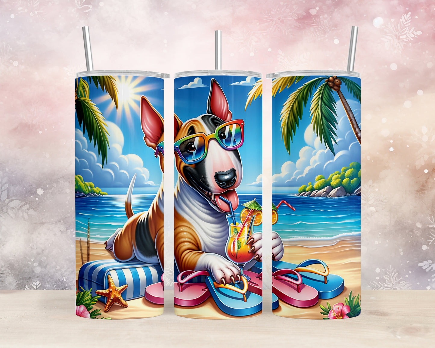 Skinny Tumbler with Straw, 20oz, Dog on Beach, Bull Terrier, awd-1201