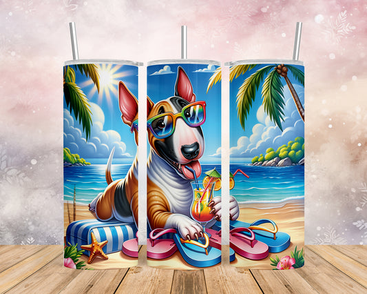 Skinny Tumbler with Straw, 20oz, Dog on Beach, Bull Terrier, awd-1201