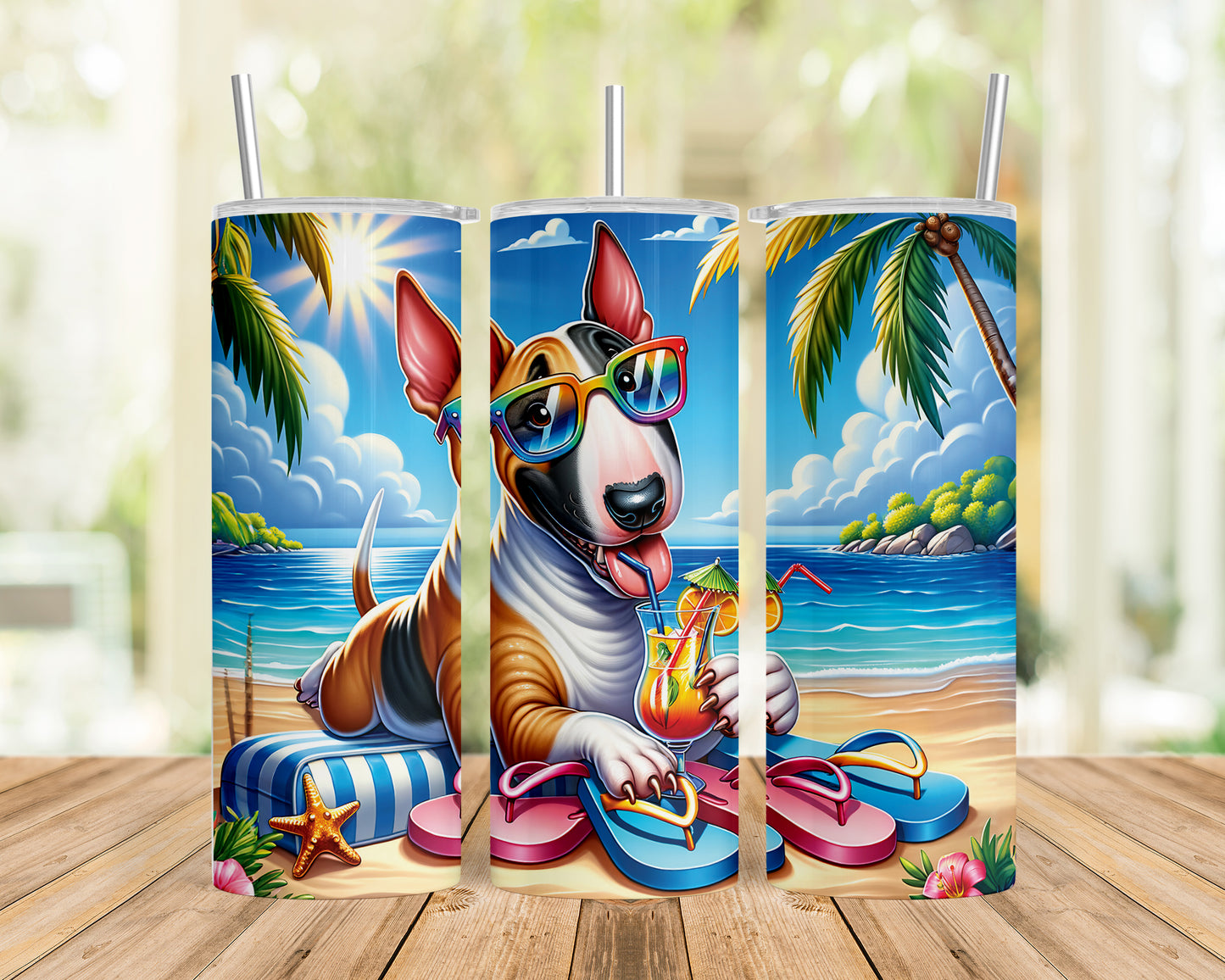 Skinny Tumbler with Straw, 20oz, Dog on Beach, Bull Terrier, awd-1201