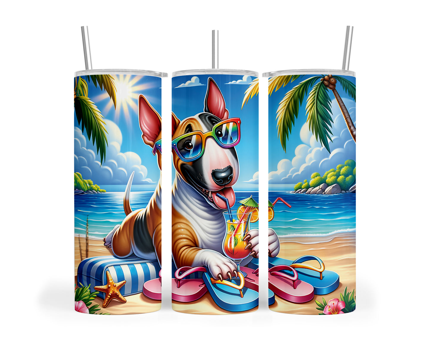 Skinny Tumbler with Straw, 20oz, Dog on Beach, Bull Terrier, awd-1201