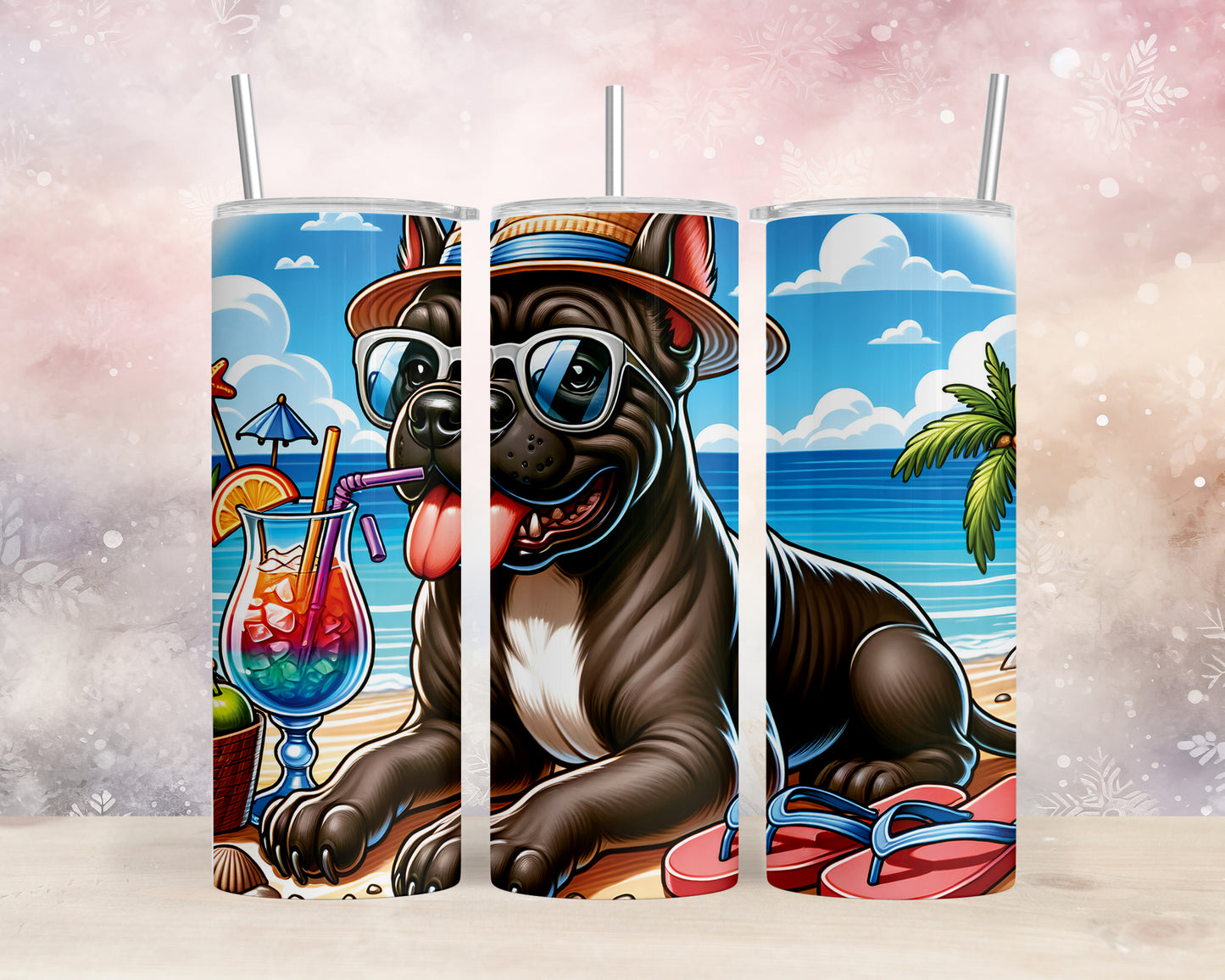 Skinny Tumbler with Straw, 20oz, Dog on Beach, Cane Corso, awd-1202