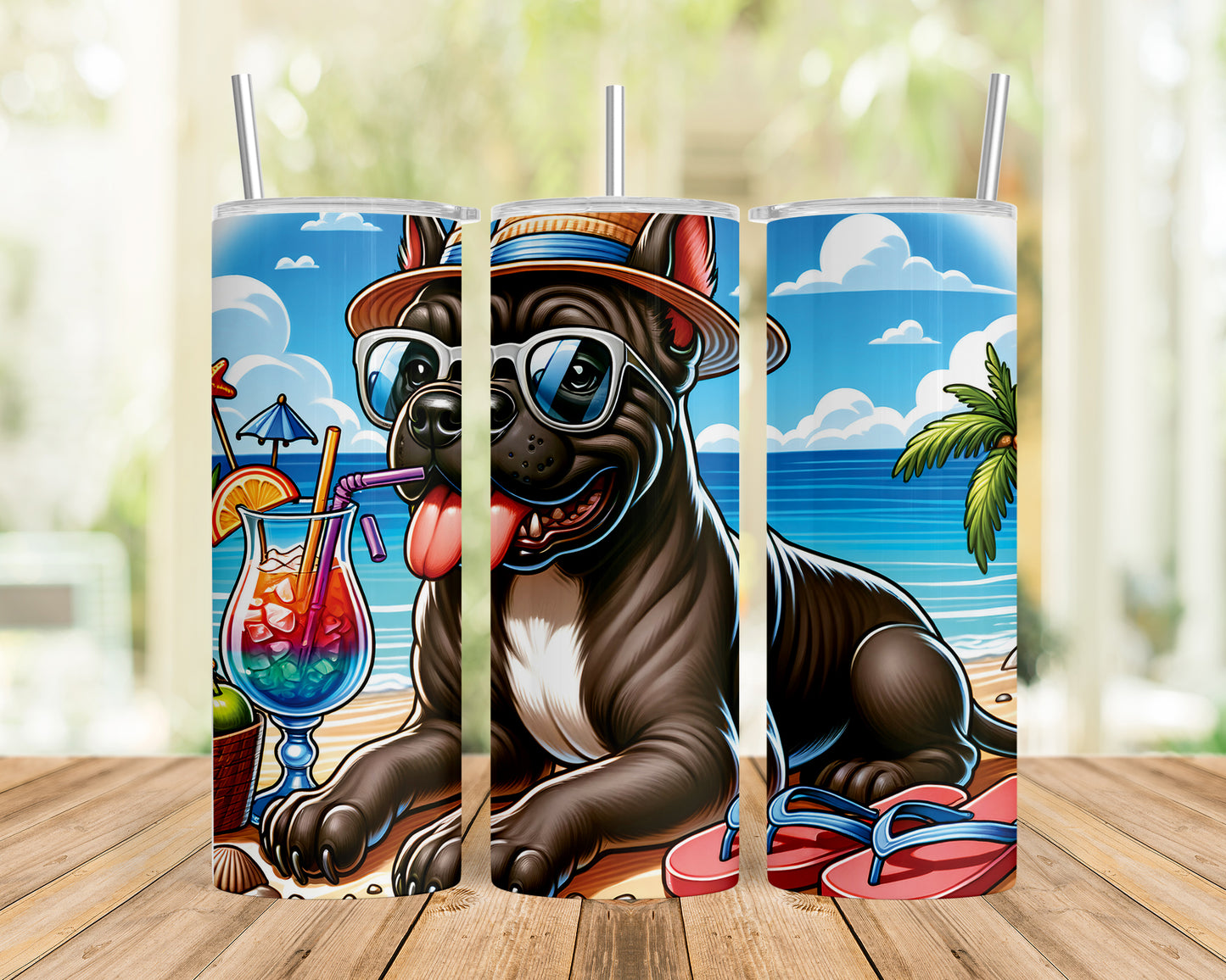 Skinny Tumbler with Straw, 20oz, Dog on Beach, Cane Corso, awd-1202