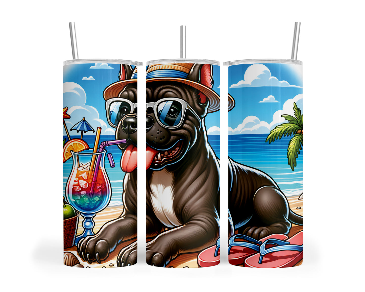 Skinny Tumbler with Straw, 20oz, Dog on Beach, Cane Corso, awd-1202