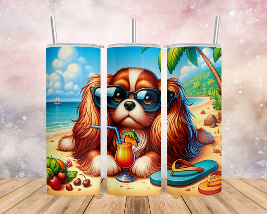 Skinny Tumbler with Straw, 20oz, Dog on Beach, Cavalier King Charles, awd-1204