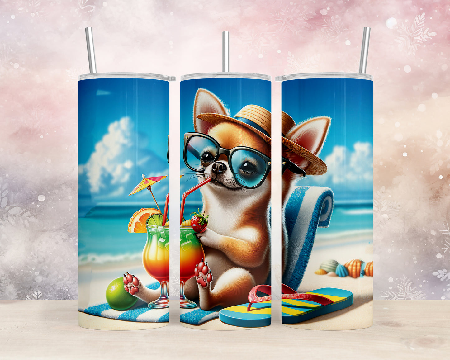 Skinny Tumbler with Straw, 20oz, Dog on Beach, Chihuahua, awd-1205