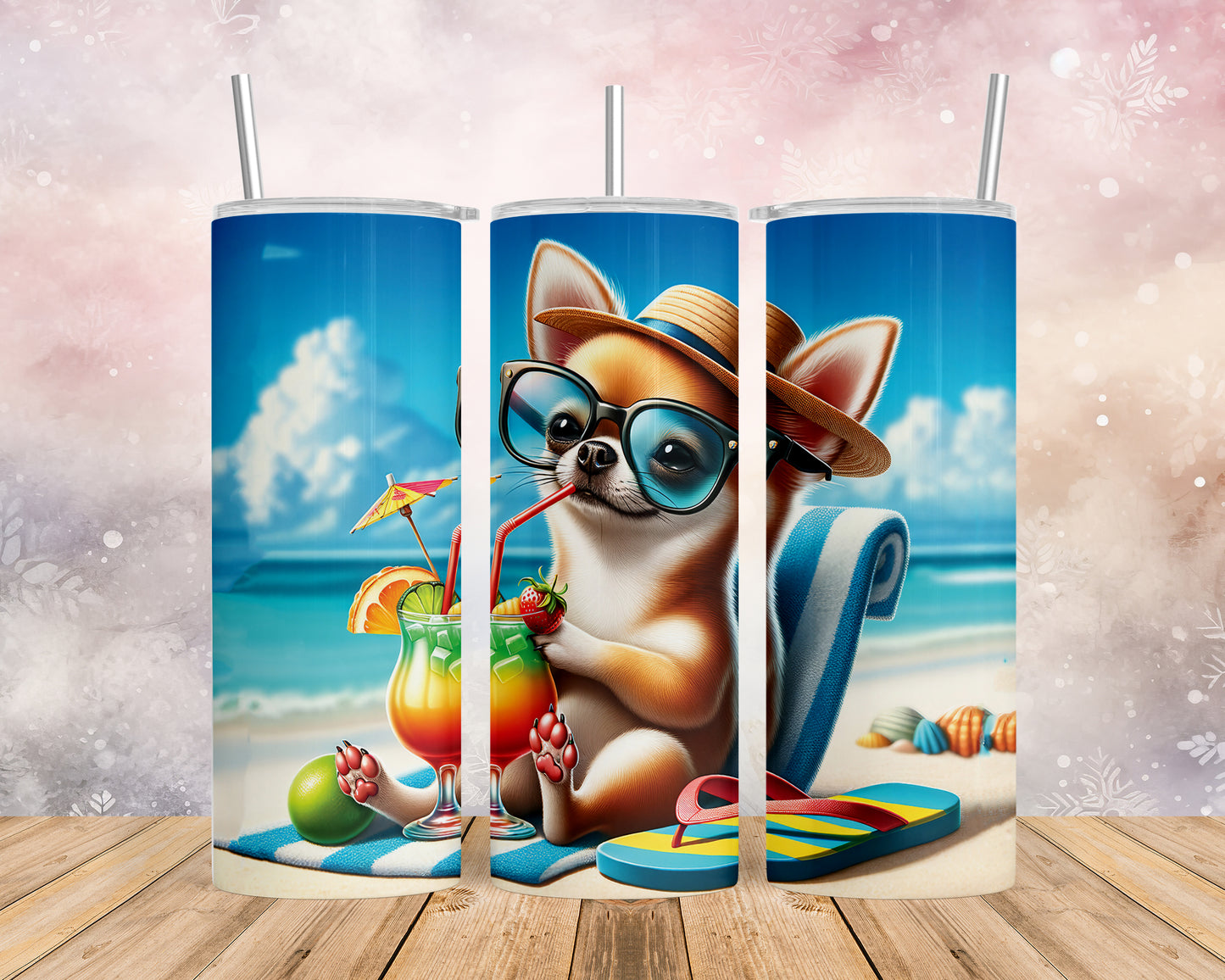 Skinny Tumbler with Straw, 20oz, Dog on Beach, Chihuahua, awd-1205