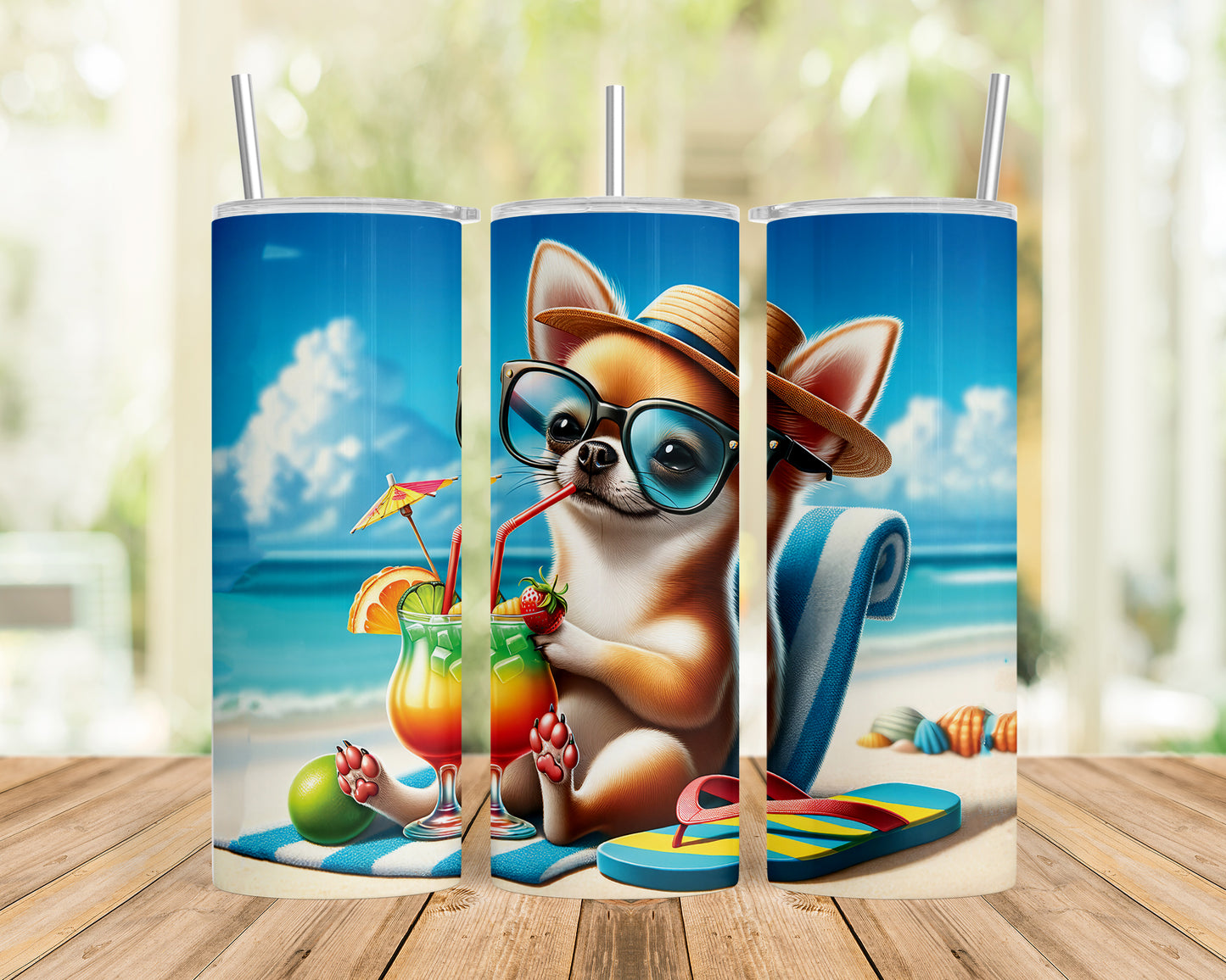 Skinny Tumbler with Straw, 20oz, Dog on Beach, Chihuahua, awd-1205